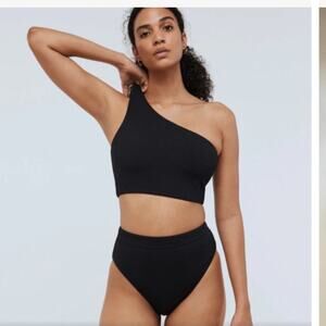 Madewell Ribbed One-Shoulder Longline Bikini Top Black Size Small